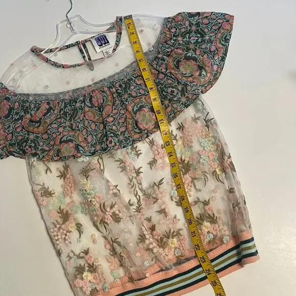SUI by Anna Sui Sheer Embroidered Flounce Top Womens Small Floral Prairie Blouse